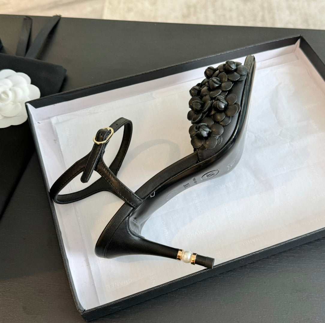 CC Little Camellia World Thin High Sandals Black Lambskin - 35
