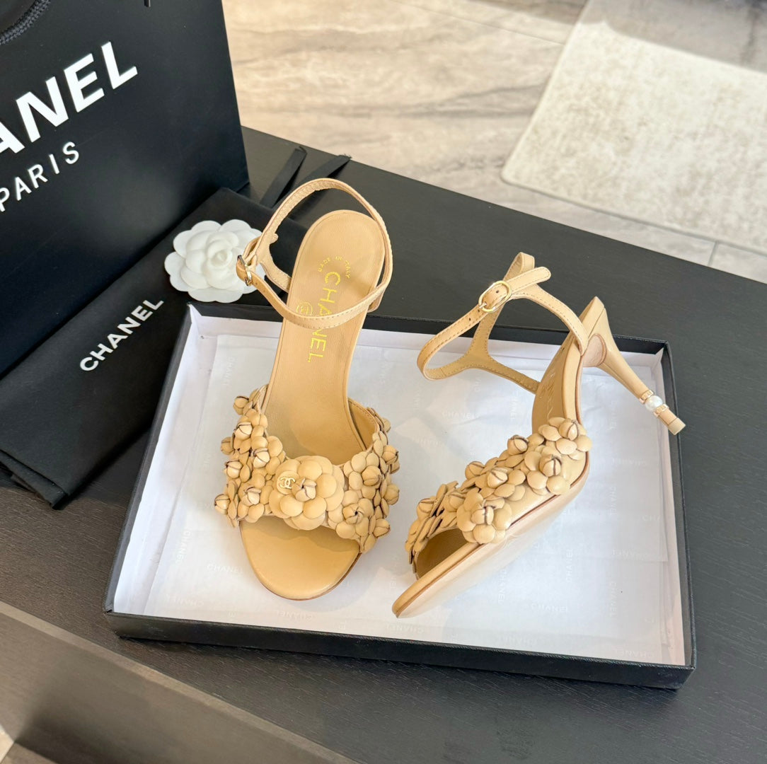 CC Little Camellia World Thin High Sandals Tan Brown Lambskin - 35
