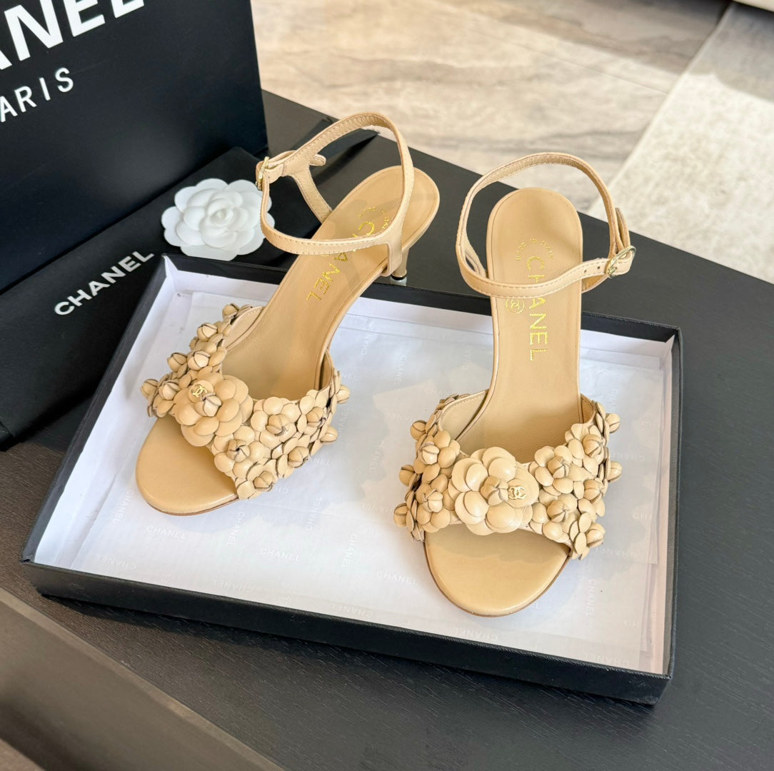 CC Little Camellia World Thin High Sandals Tan Brown Lambskin - 35