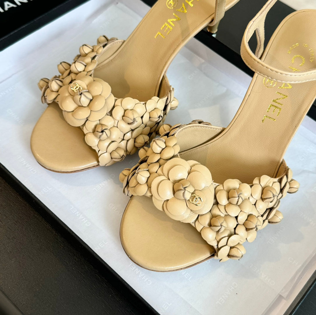 CC Little Camellia World Thin High Sandals Tan Brown Lambskin - 35