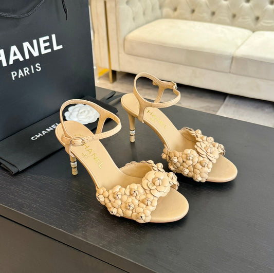 CC Little Camellia World Thin High Sandals Tan Brown Lambskin - 35
