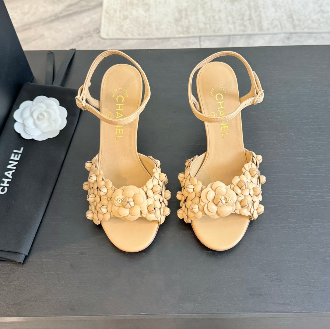 CC Little Camellia World Thin High Sandals Tan Brown Lambskin - 35