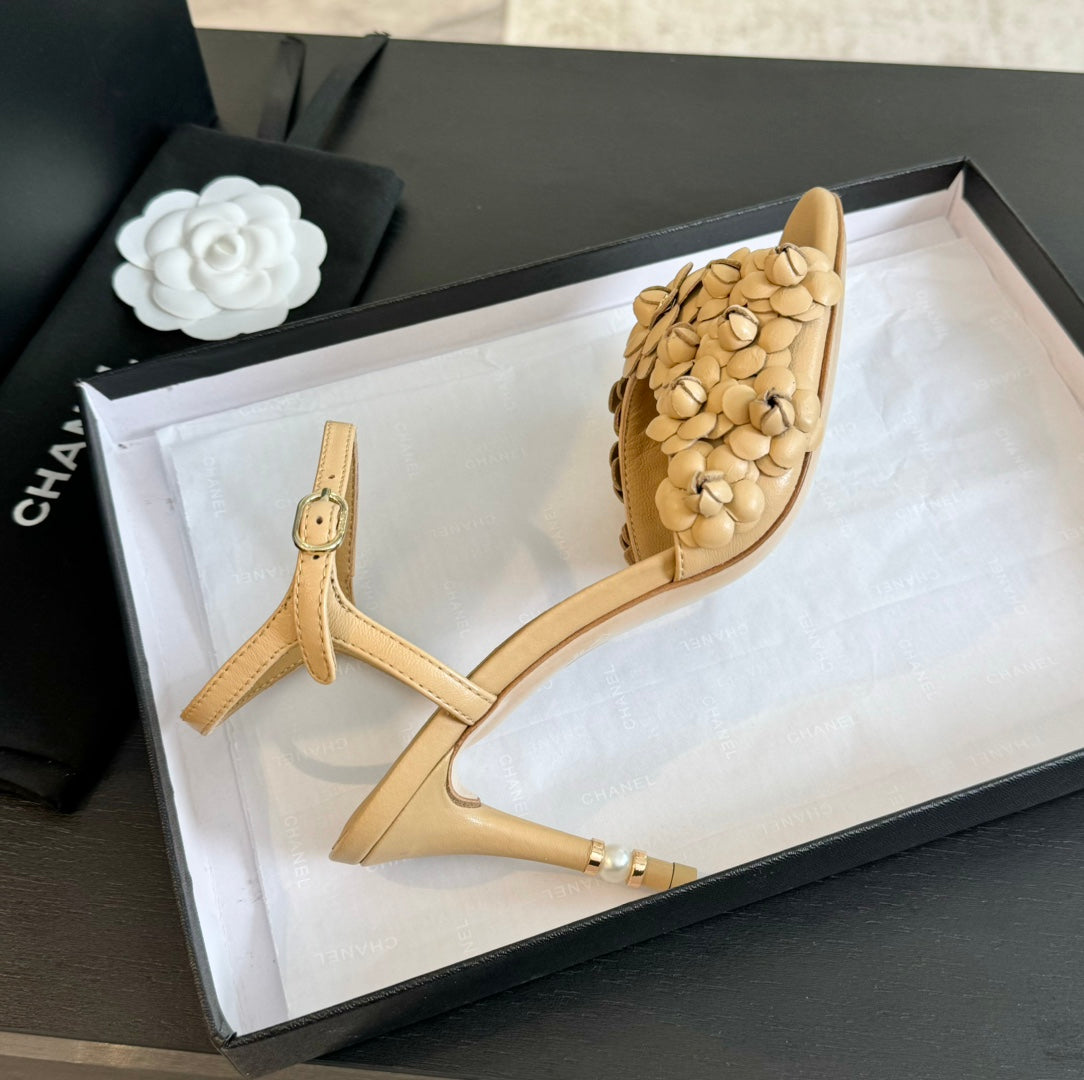 CC Little Camellia World Thin High Sandals Tan Brown Lambskin - 35