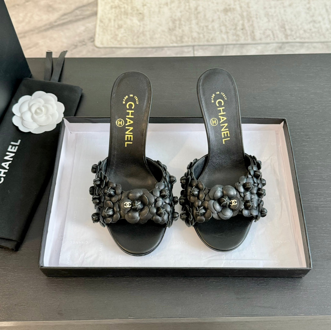 CC Little Camellia World Thin High Heels Black Lambskin - 35