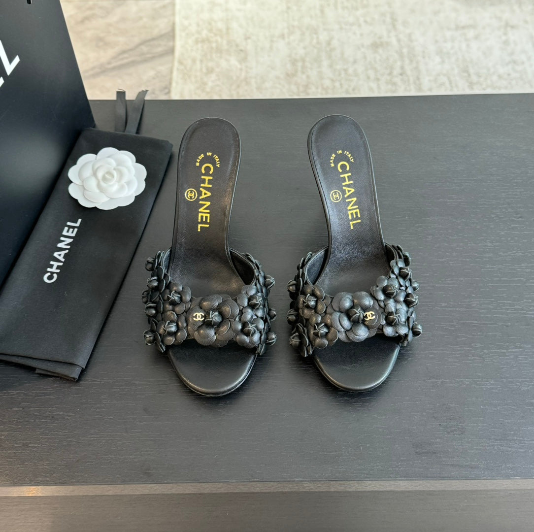 CC Little Camellia World Thin High Heels Black Lambskin - 35