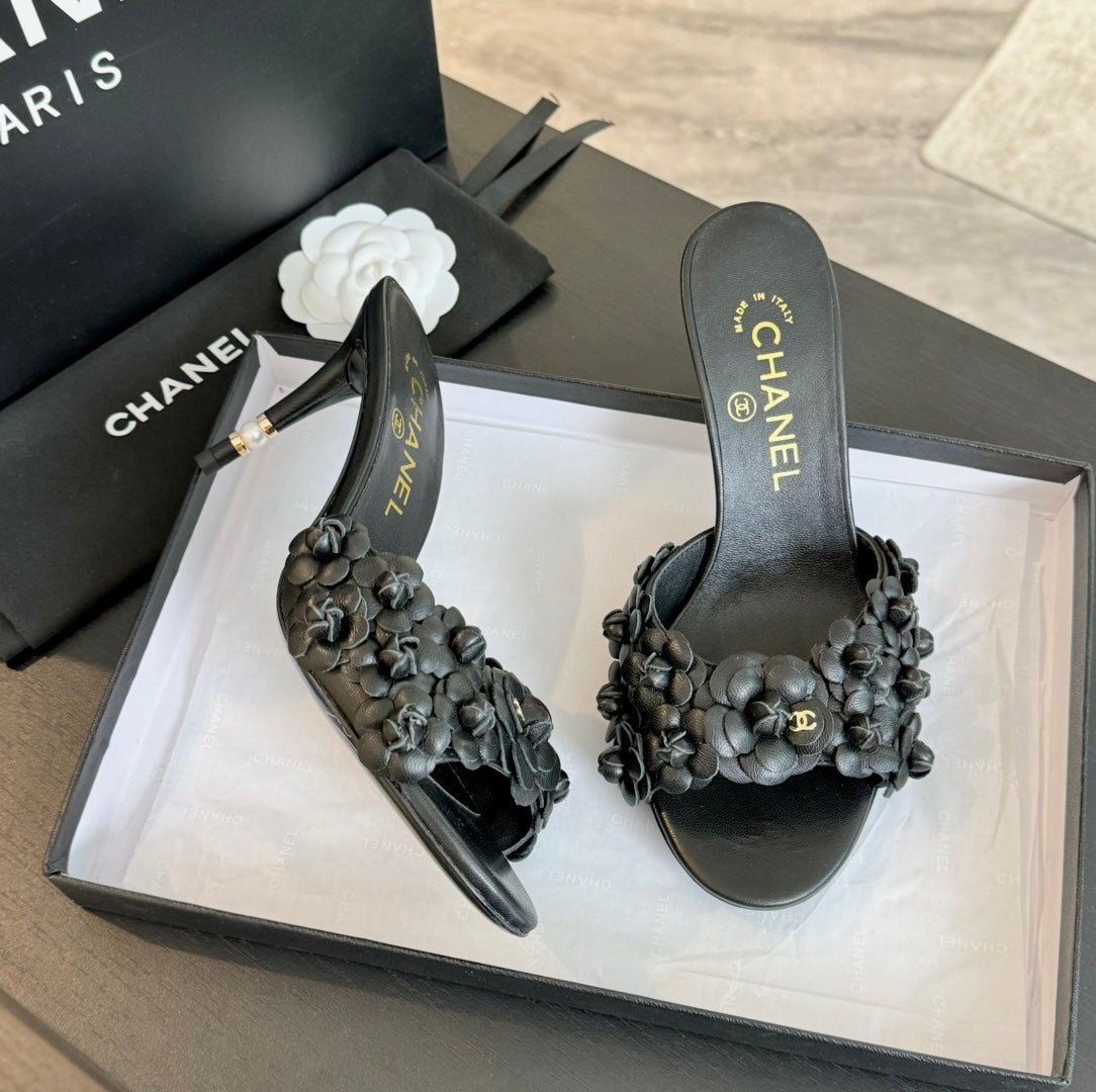 CC Little Camellia World Thin High Heels Black Lambskin - 35
