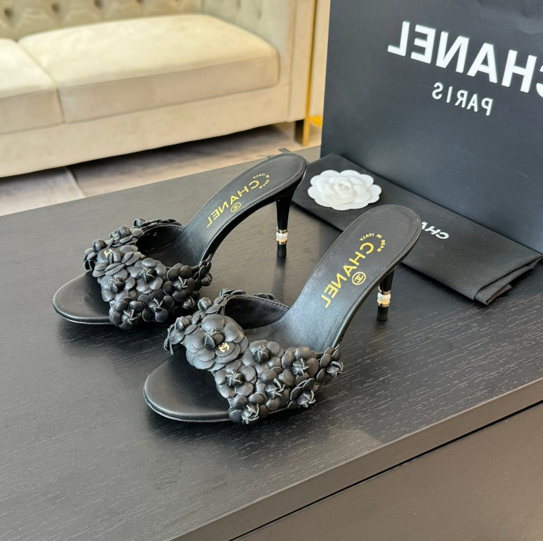 CC Little Camellia World Thin High Heels Black Lambskin - 35