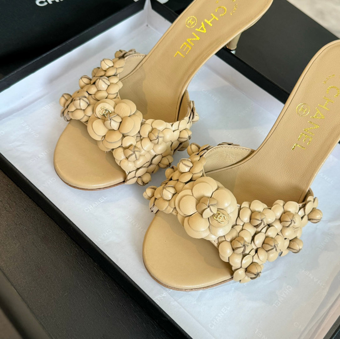 CC Little Camellia World Thin High Heels Tan Brown Lambskin - 35