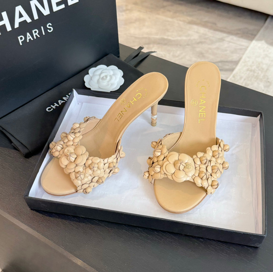 CC Little Camellia World Thin High Heels Tan Brown Lambskin - 35