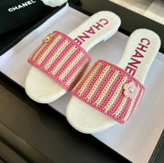 Double C Sheepskins Knit Slippers White Pink - 35