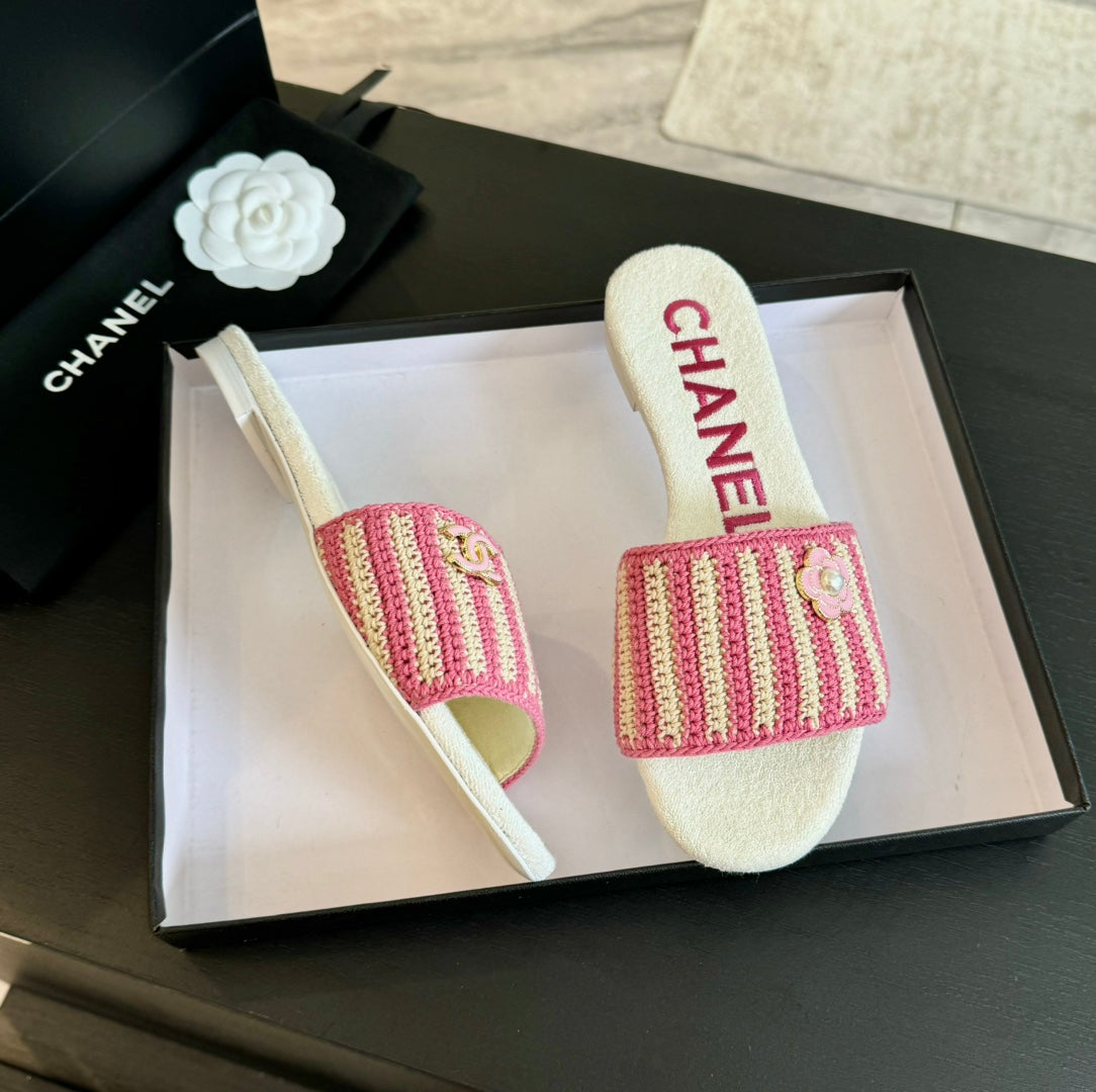 Double C Sheepskins Knit Slippers White Pink - 35