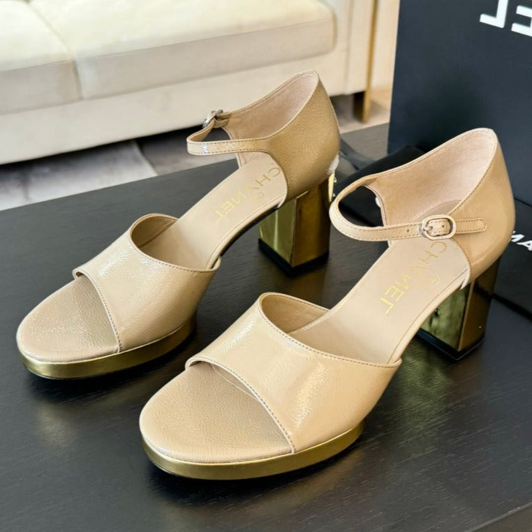 Platform Peep-Toe Sandals Beige Cream Lambskin - 35