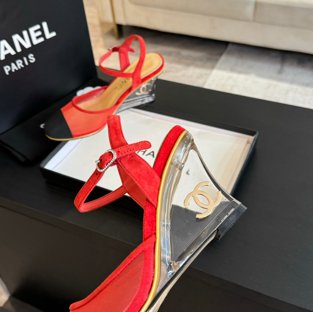 Waterproof Platform High Heels Transparent Heel Mesh Candy Red Black - 35