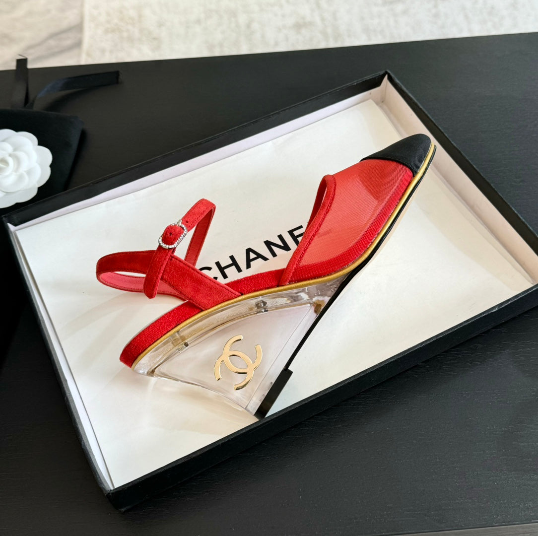 Waterproof Platform High Heels Transparent Heel Mesh Candy Red Black - 35