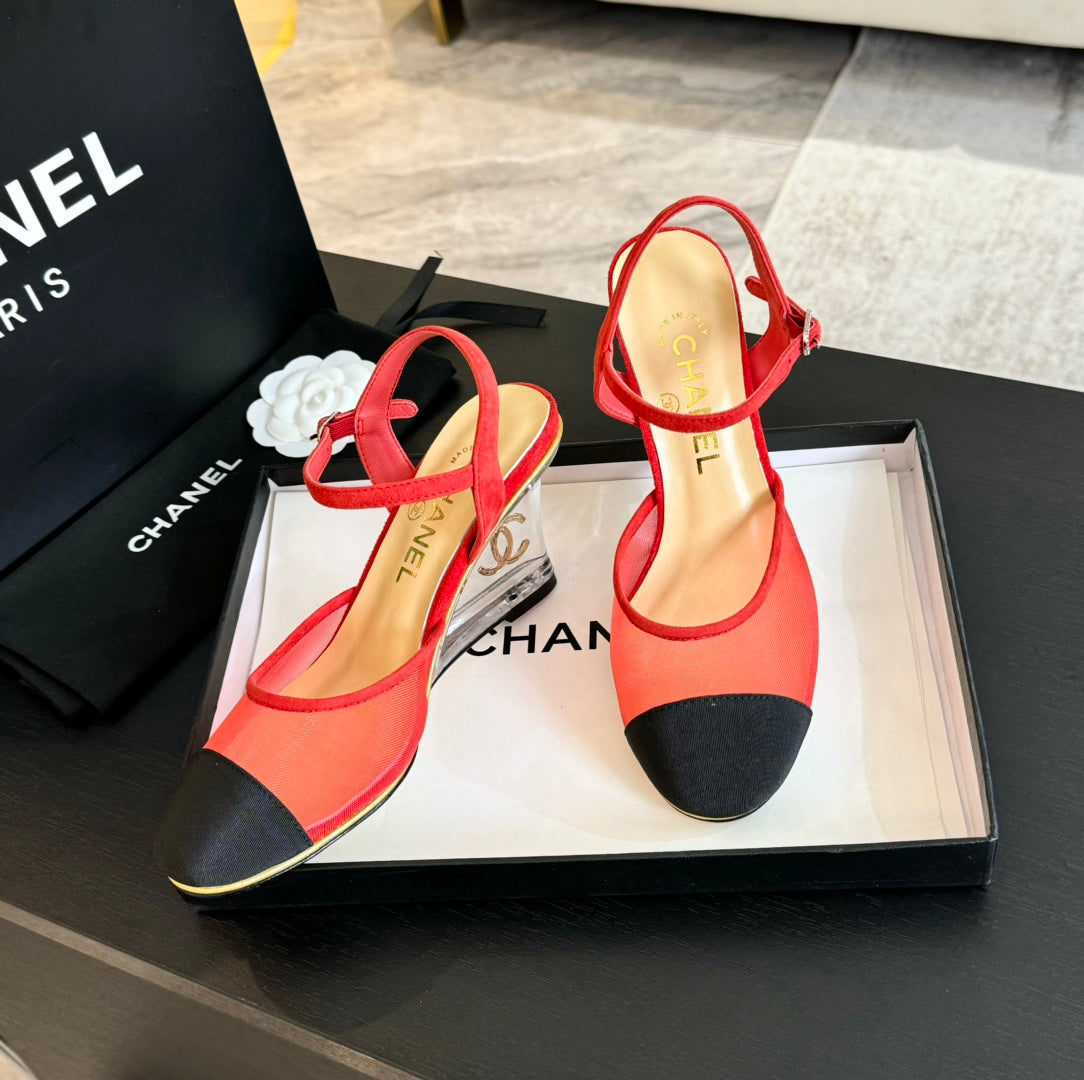 Waterproof Platform High Heels Transparent Heel Mesh Candy Red Black - 35