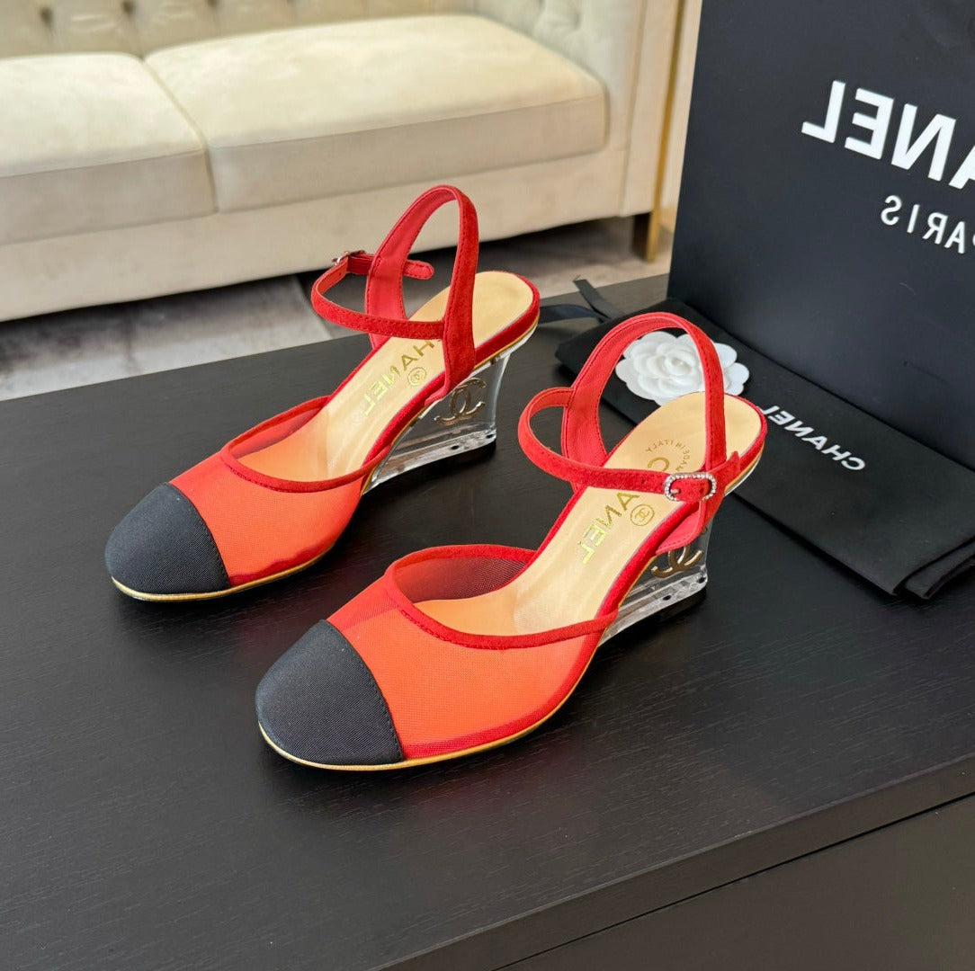 Waterproof Platform High Heels Transparent Heel Mesh Candy Red Black - 35