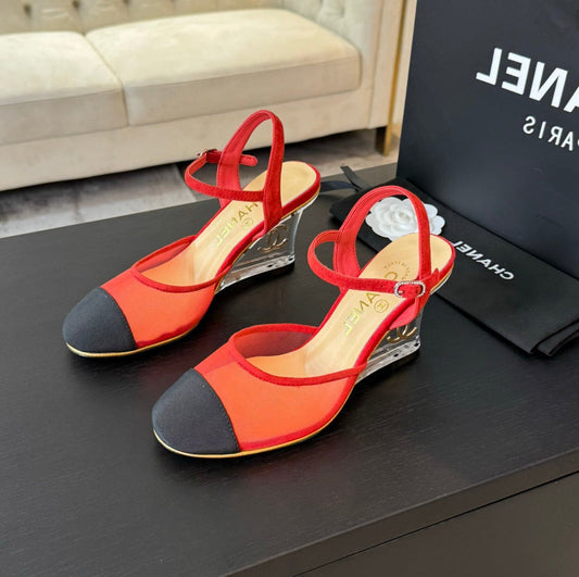 Waterproof Platform High Heels Transparent Heel Mesh Candy Red Black - 35
