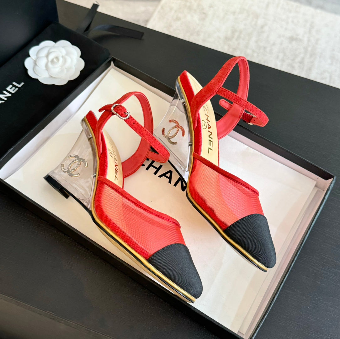 Waterproof Platform High Heels Transparent Heel Mesh Candy Red Black - 35