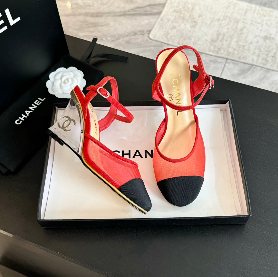 Waterproof Platform High Heels Transparent Heel Mesh Candy Red Black - 35