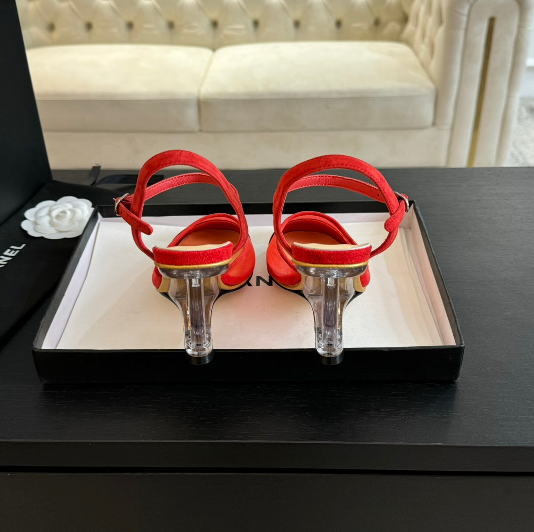 Waterproof Platform High Heels Transparent Heel Mesh Candy Red Black - 35