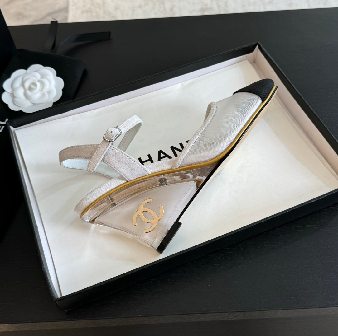 Waterproof Platform High Heels Transparent Heel Mesh White - 35