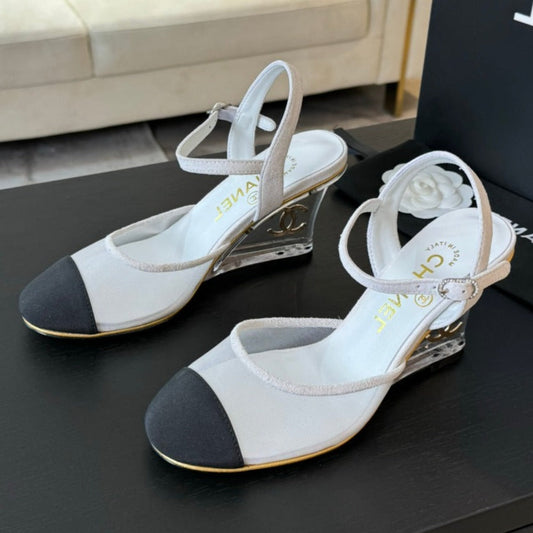 Waterproof Platform High Heels Transparent Heel Mesh White - 35
