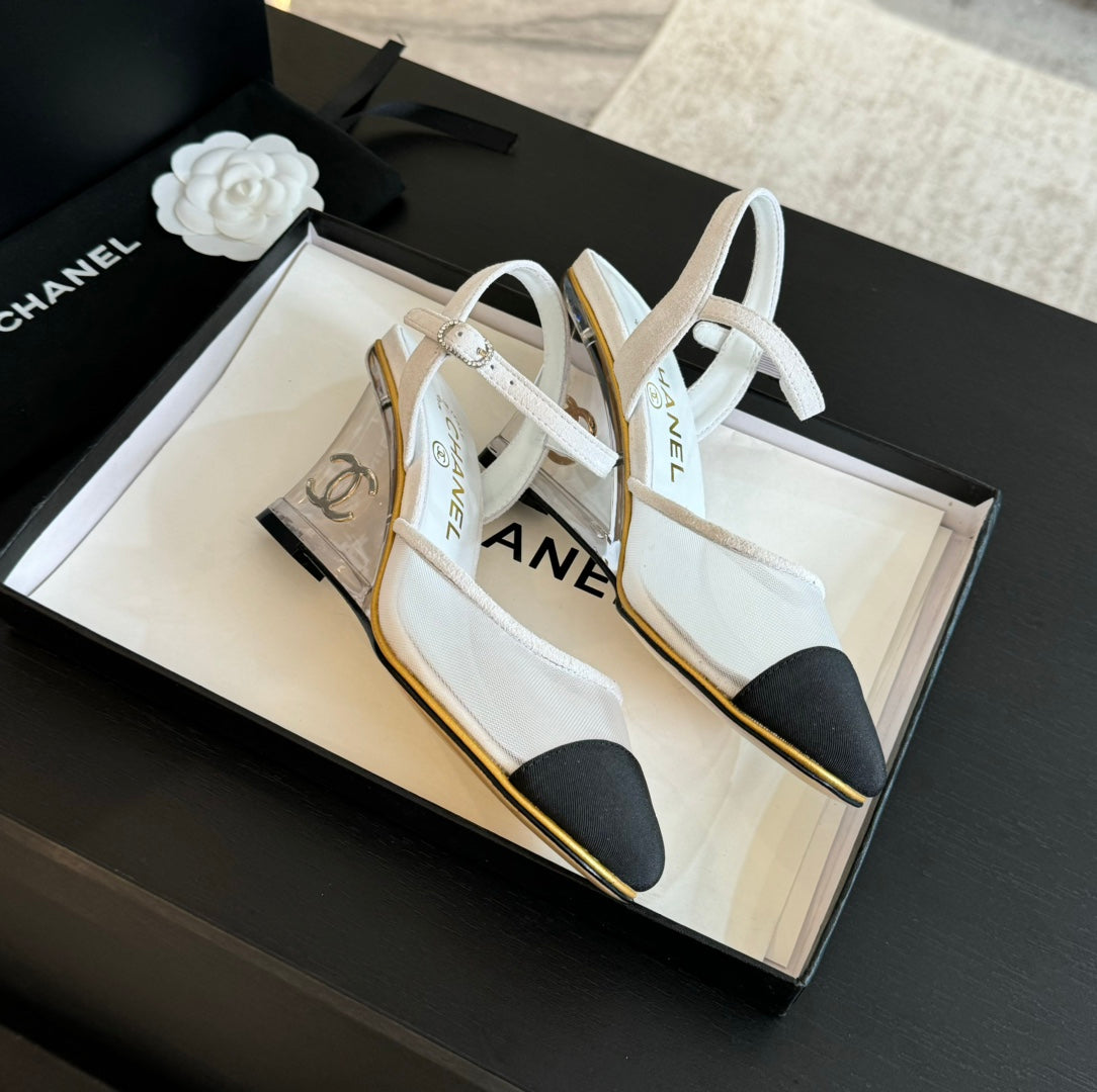 Waterproof Platform High Heels Transparent Heel Mesh White - 35