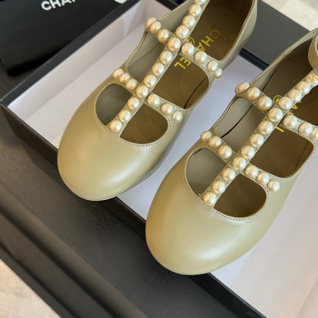 MARY JANES SHOES ECRU BEIGE GOATSKIN WITH FAUX PEARL - 35