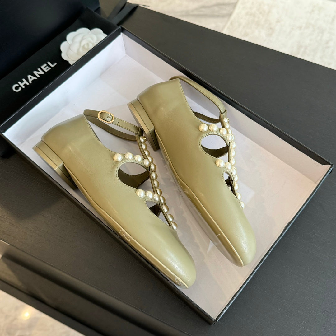 MARY JANES SHOES ECRU BEIGE GOATSKIN WITH FAUX PEARL - 35