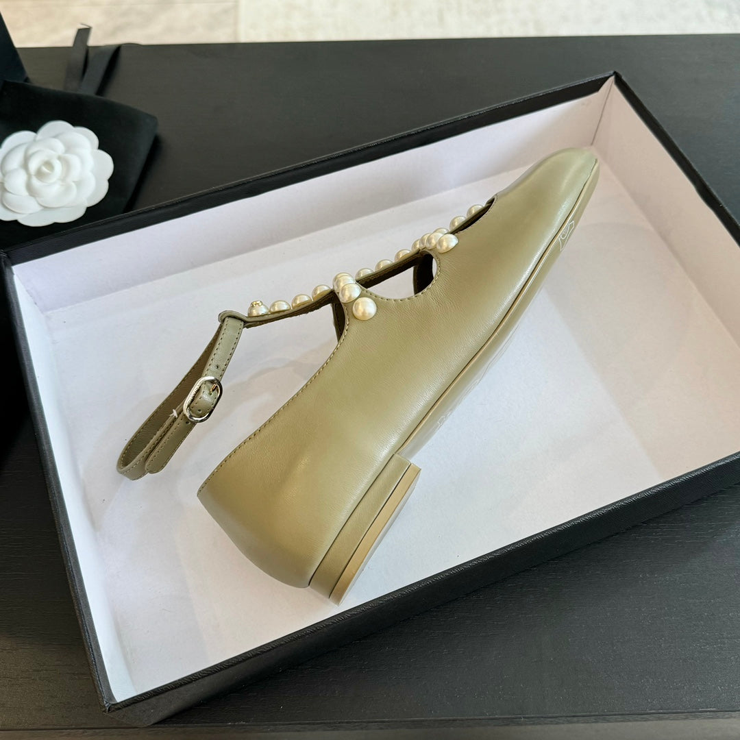 MARY JANES SHOES ECRU BEIGE GOATSKIN WITH FAUX PEARL - 35
