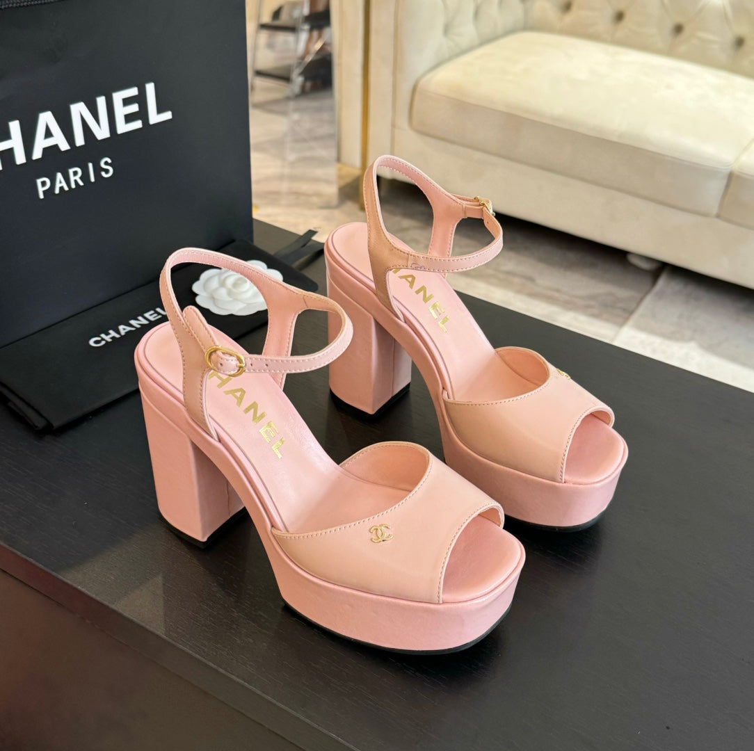 HIGH HEEL PLATFORM SANDALS IN PEACH PINK CALFSKIN - 35