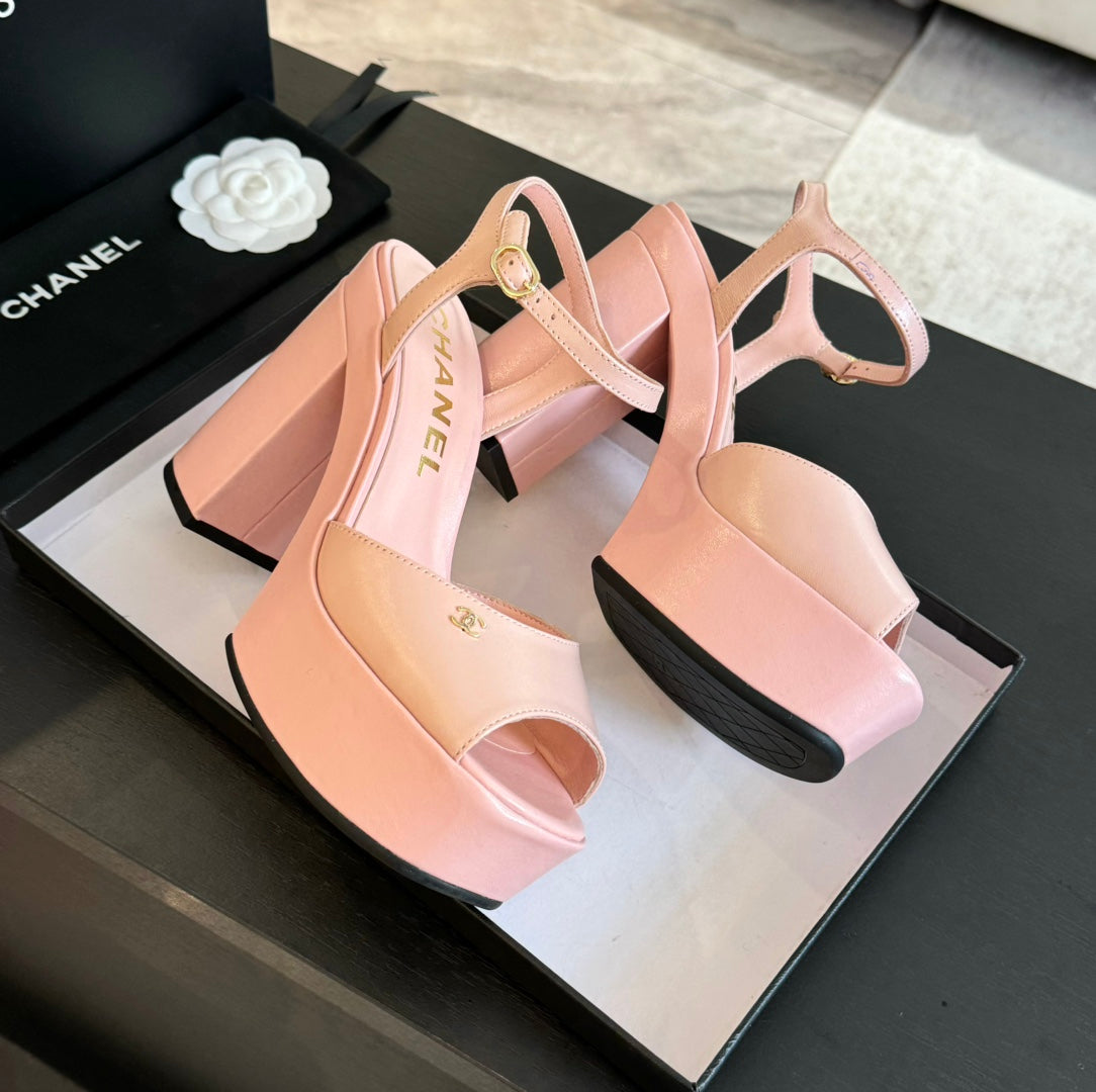 HIGH HEEL PLATFORM SANDALS IN PEACH PINK CALFSKIN - 35