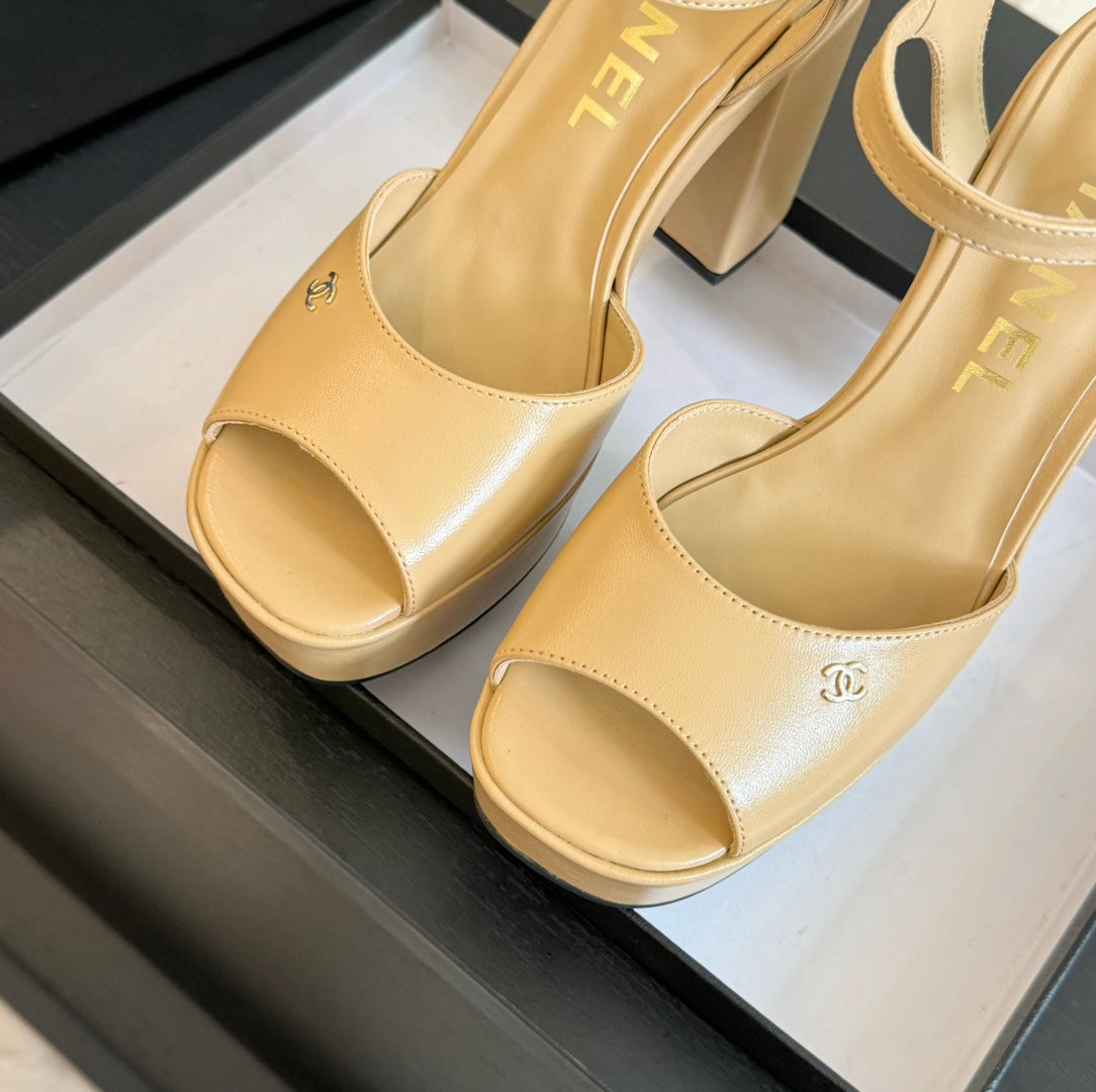 HIGH HEEL PLATFORM SANDALS IN SAND YELLOW CALFSKIN - 35