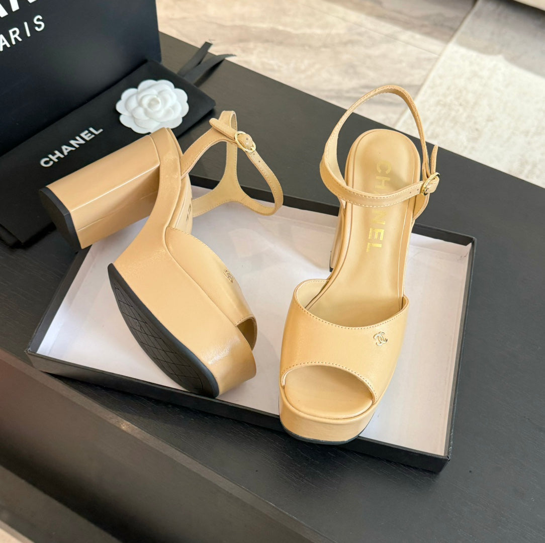 HIGH HEEL PLATFORM SANDALS IN SAND YELLOW CALFSKIN - 35