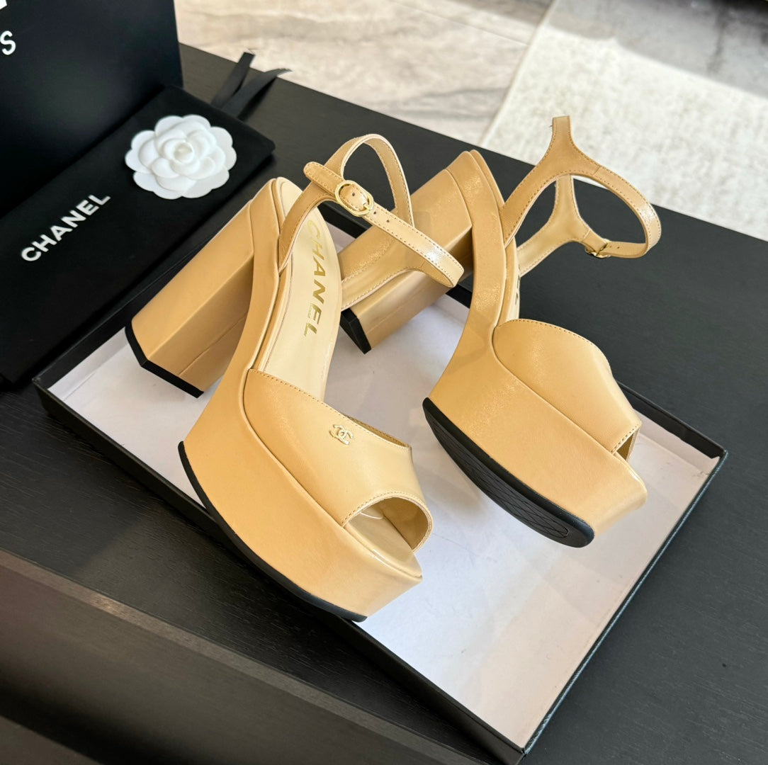 HIGH HEEL PLATFORM SANDALS IN SAND YELLOW CALFSKIN - 35