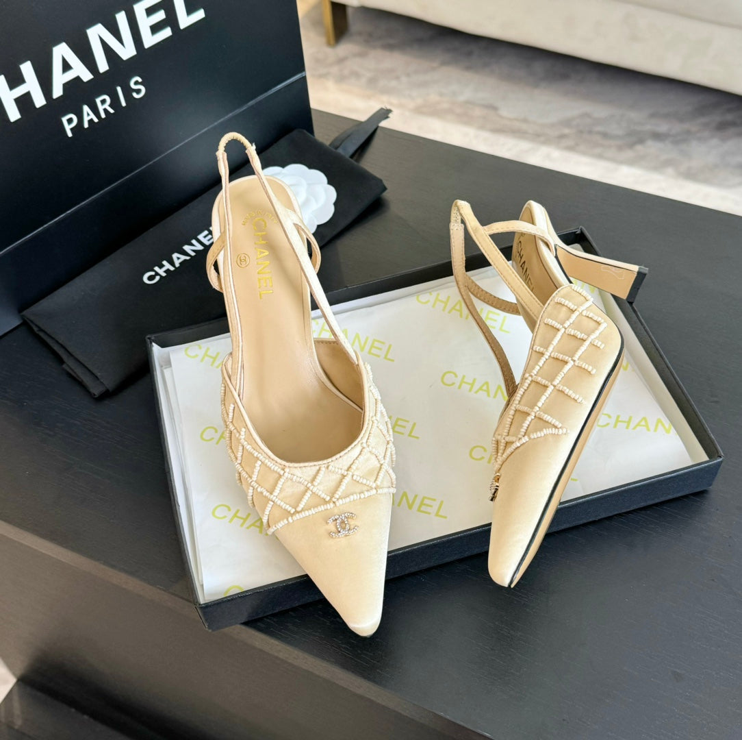 POINTED SLINGBACK MID HEELS BEIGE CREAM LAMBSKIN - 35