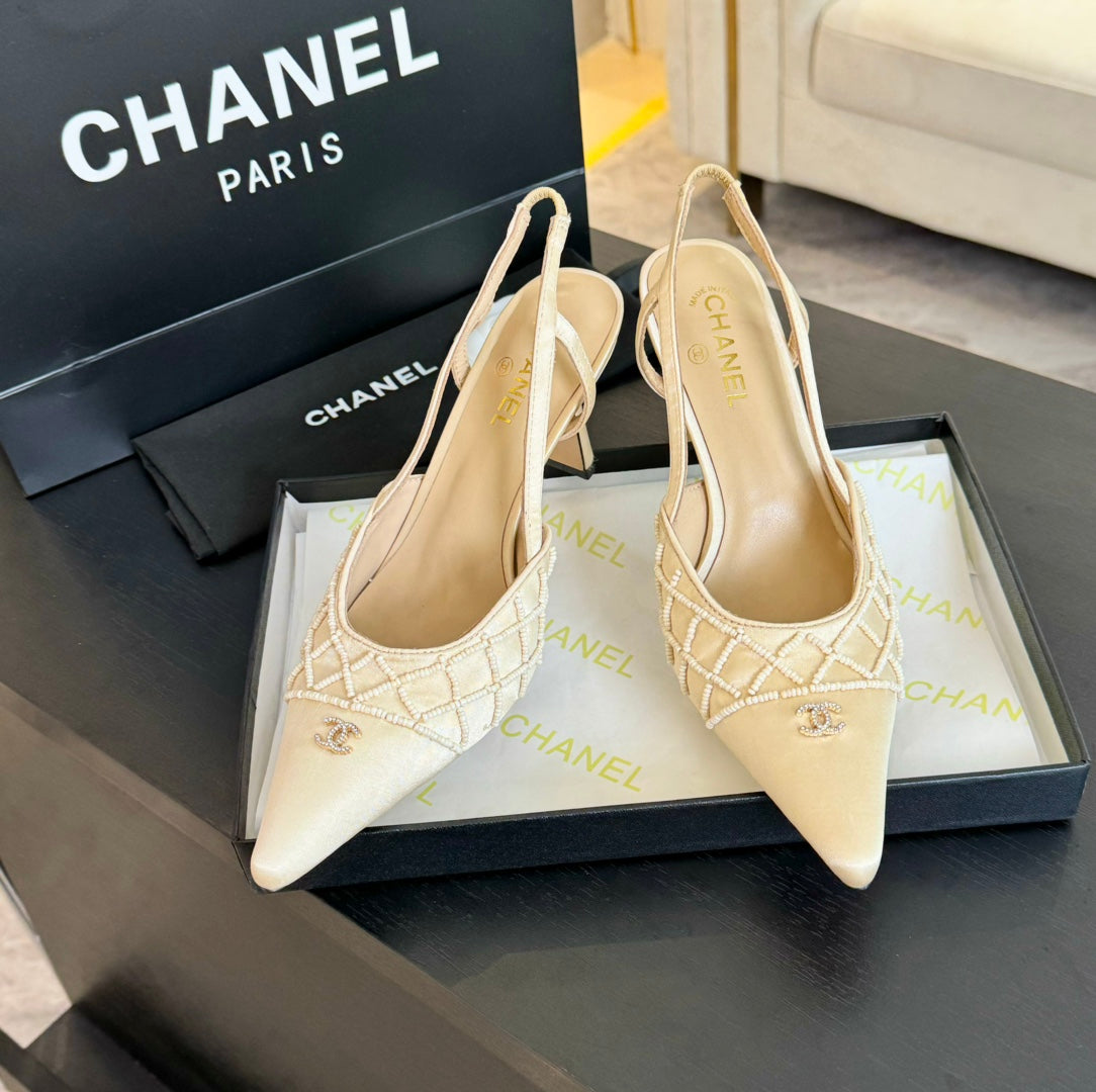 POINTED SLINGBACK MID HEELS BEIGE CREAM LAMBSKIN - 35