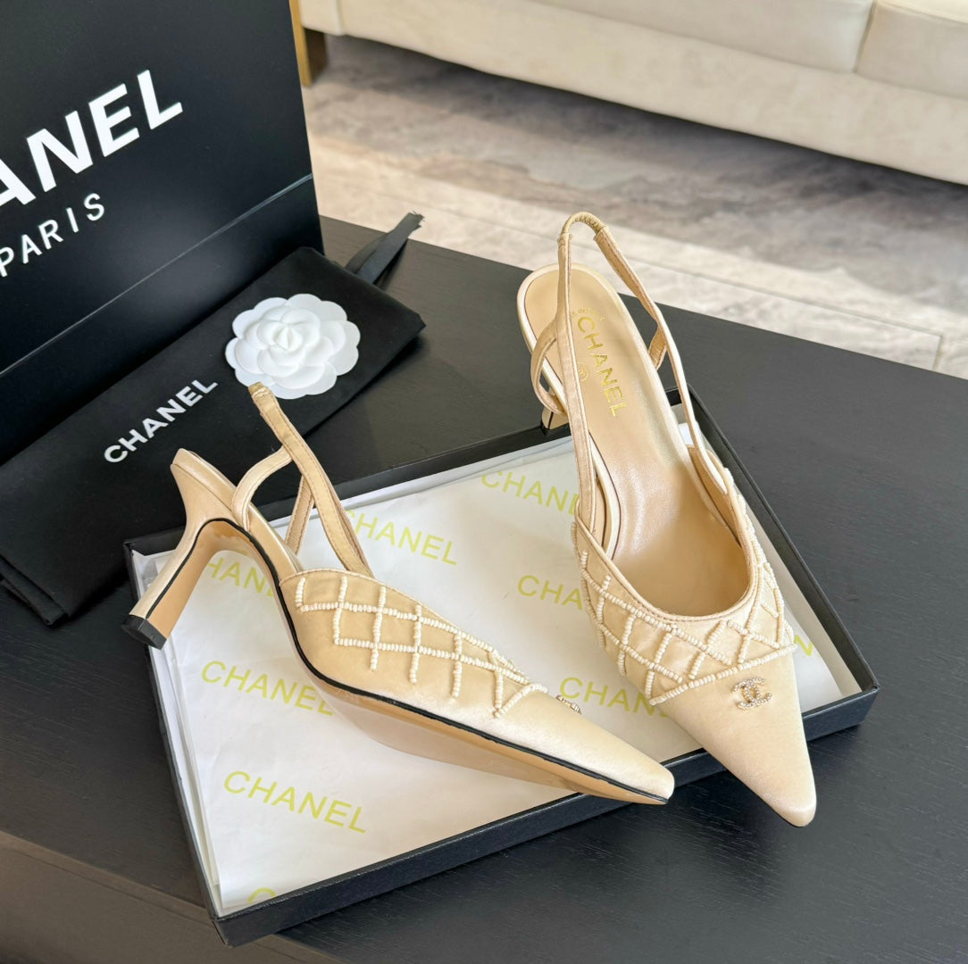 POINTED SLINGBACK MID HEELS BEIGE CREAM LAMBSKIN - 35