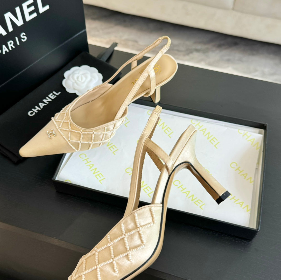POINTED SLINGBACK MID HEELS BEIGE CREAM LAMBSKIN - 35