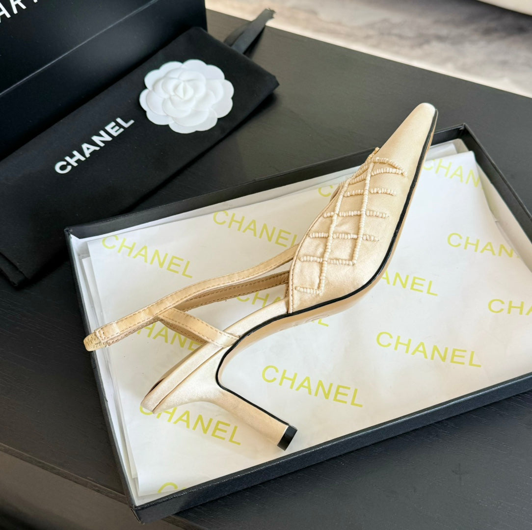 POINTED SLINGBACK MID HEELS BEIGE CREAM LAMBSKIN - 35