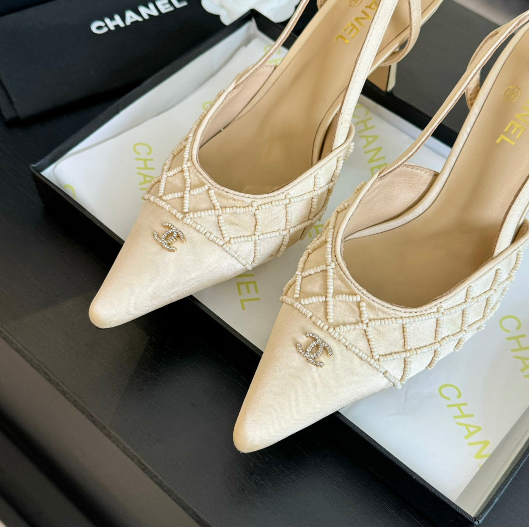 POINTED SLINGBACK MID HEELS BEIGE CREAM LAMBSKIN - 35