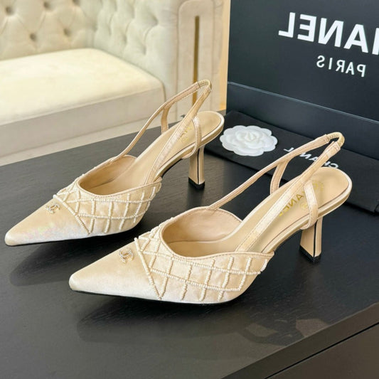 POINTED SLINGBACK MID HEELS BEIGE CREAM LAMBSKIN - 35