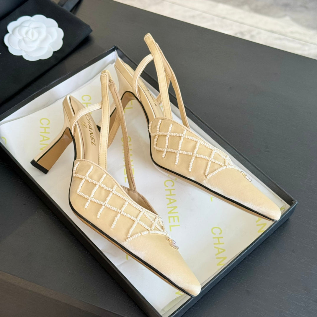 POINTED SLINGBACK MID HEELS BEIGE CREAM LAMBSKIN - 35