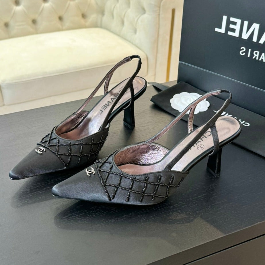 POINTED SLINGBACK MID HEELS BLACK LAMBSKIN - 35