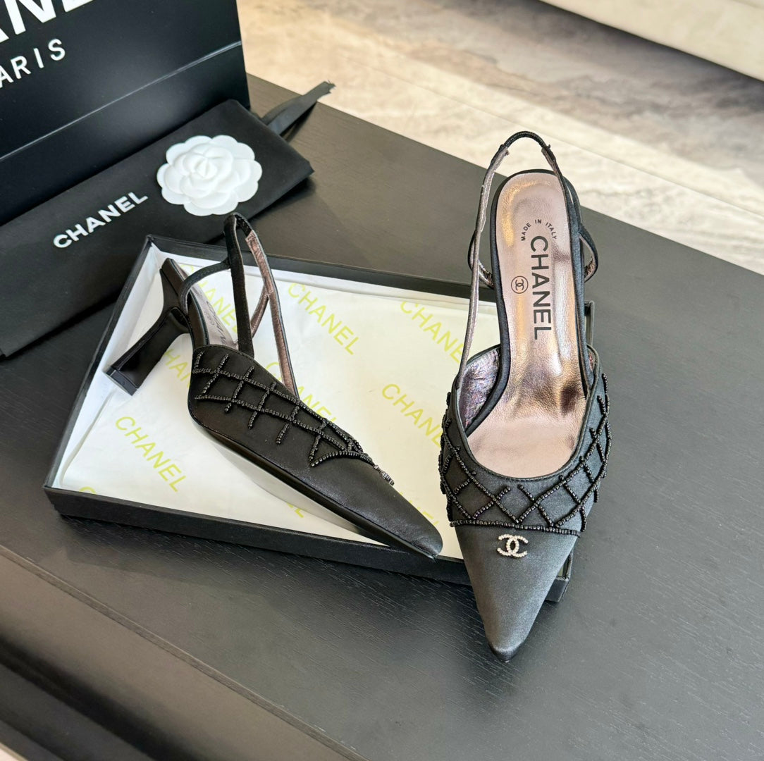 POINTED SLINGBACK MID HEELS BLACK LAMBSKIN - 35