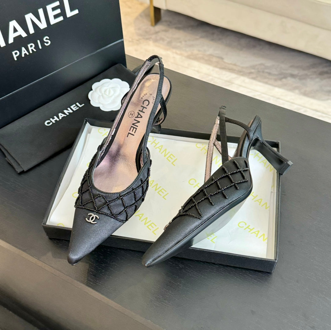 POINTED SLINGBACK MID HEELS BLACK LAMBSKIN - 35