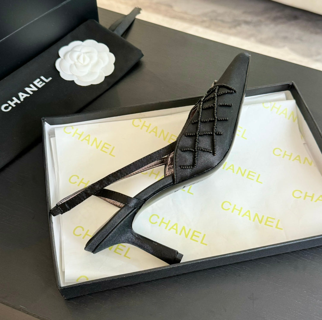 POINTED SLINGBACK MID HEELS BLACK LAMBSKIN - 35