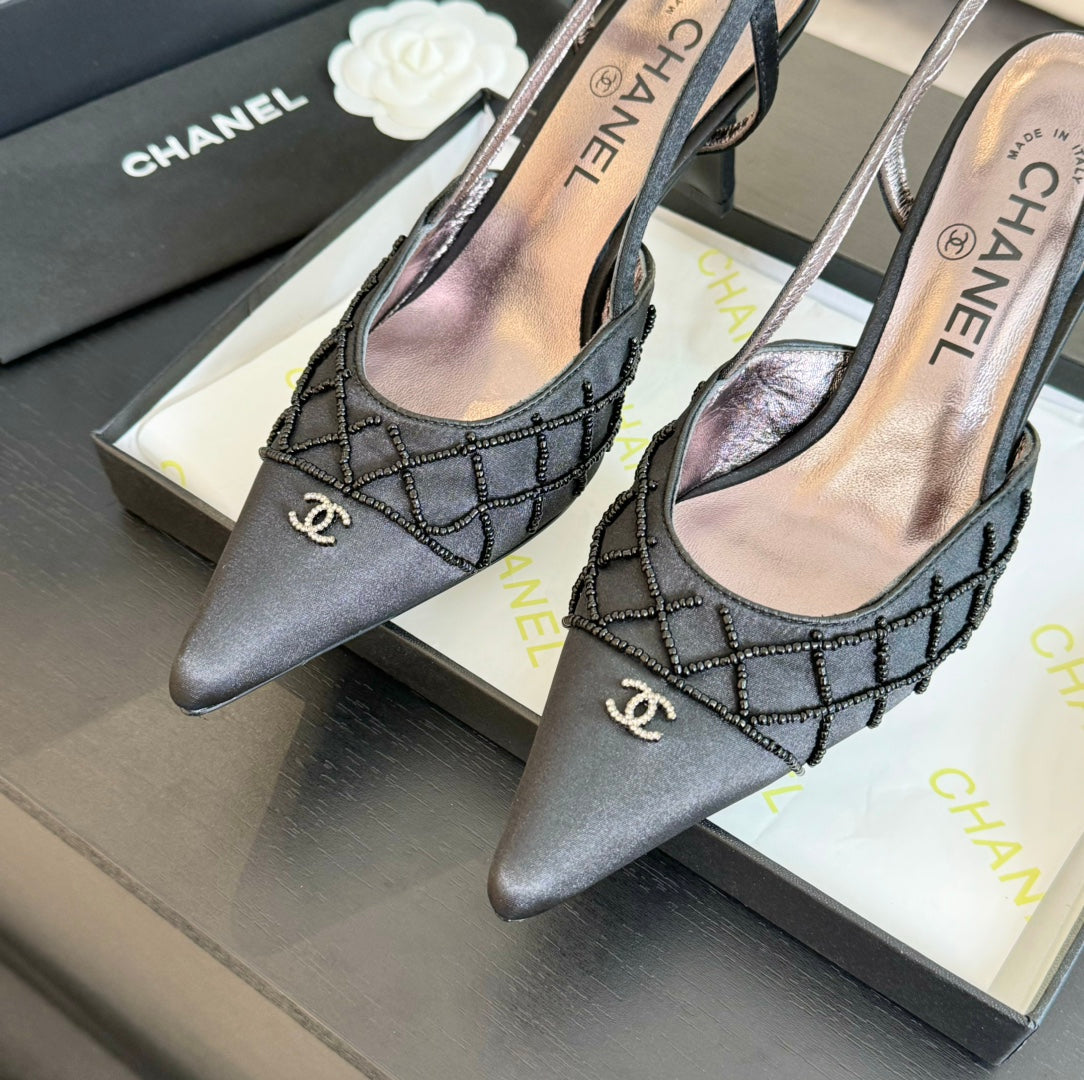 POINTED SLINGBACK MID HEELS BLACK LAMBSKIN - 35