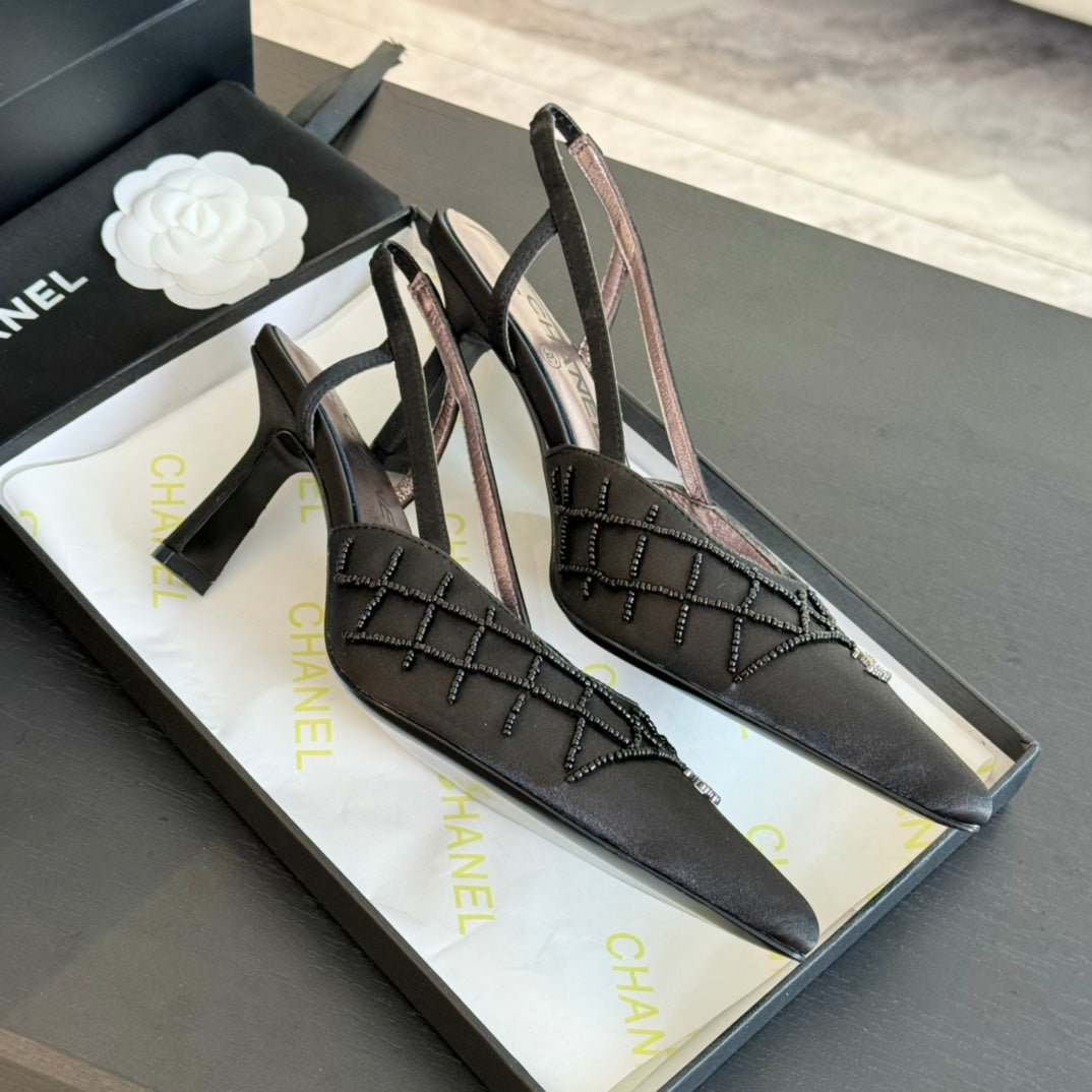 POINTED SLINGBACK MID HEELS BLACK LAMBSKIN - 35