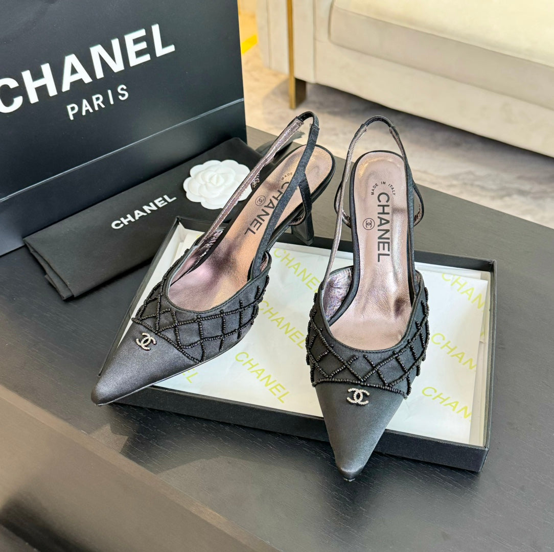 POINTED SLINGBACK MID HEELS BLACK LAMBSKIN - 35